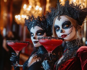 Halloween party with vampires, extravagant costumes, red velvet, chandeliers, blood-red cocktails, lively but sinister vibe