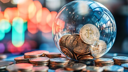 Poster - Floating bubbles with coins inside over a financial market backdrop Large space for text in center Stock Photo with copy space