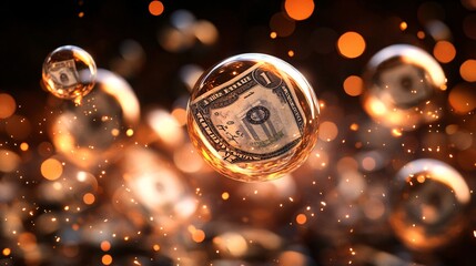 Poster - Money inside shimmering bubbles floating in an uncertain financial market Large space for text in center Stock Photo with copy space
