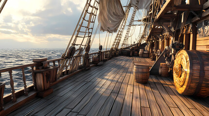 outside of pirate old ship. daylight view of ship background. 3d illustration of deck of a pirate sh