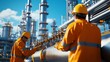 © NewMaii - Two industrial workers in safety gear inspecting pipes at a large refinery.
