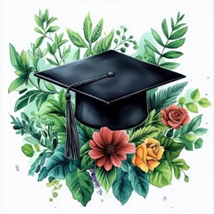 A black graduation cap rests on a backdrop of vibrant green leaves and colorful flowers, symbolizing academic achievement and growth, Useful for graduation announcements, congratulatory cards