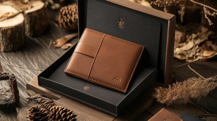 personalized leather wallet with monogrammed initials, elegantly displayed in luxury gift packaging 