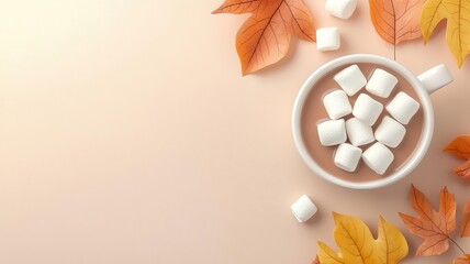 Hot cocoa, topped with marshmallows, autumn theme, 3D illustration, copy space for text,