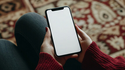 Poster - Woman sitting on the floor at home holding a smartphone with a white screen mockup