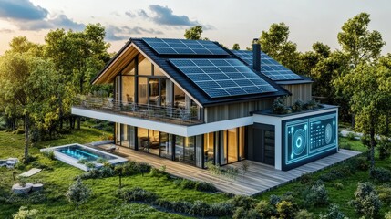 Aufkleber - Solar-panel-equipped modern home with an interactive digital display, featuring real-time energy production and consumption data, emphasizing green tech.