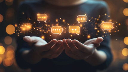 Poster - Businesswoman presenting chat bubbles connected with lines and dots, symbolizing global communication