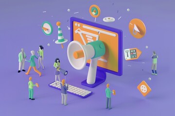 Poster - A group of people are working on a computer monitor with a large speaker on it