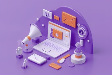 Poster - A purple background with a laptop, a microphone, and a potted plant