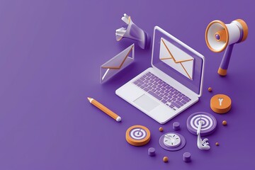 Poster - A laptop with a pen and a stack of envelopes on a purple background