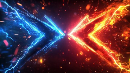 Poster - High-resolution 3D rendering of two colliding arrows, one red and one blue, surrounded by glowing neon lights and energy sparks. The abstract background illustrates a powerful clash of forces, with li