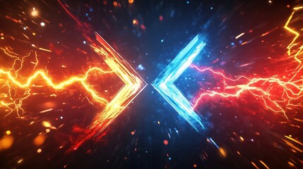 Poster - High-resolution 3D rendering of two colliding arrows, one red and one blue, surrounded by glowing neon lights and energy sparks. The abstract background illustrates a powerful clash of forces, with li