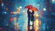 © Thanakan - Romantic couple with umbrellas sharing a moment in the rain, capturing love and intimacy under the city lights.