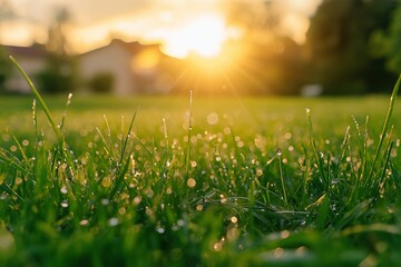 Wall Mural - Close-up of fresh morning dew on green grass, glistening with sunlight in the background, portraying nature's freshness.