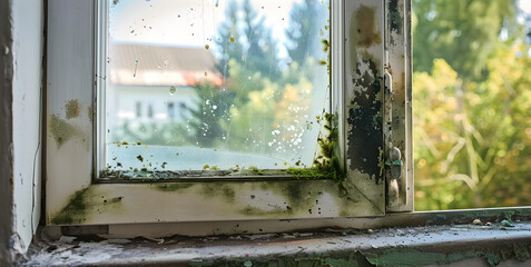 Sloppy maintenance leads to extensive mold growth on window and slopes, mold, mildew, window, damp, fungus