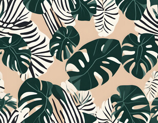 Wall Mural - Monstera Deliciosa Leaf with Abstract Shape Seamless Pattern. Perfect for Textile, Fabric, Background