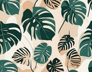 Wall Mural - Monstera Deliciosa Leaf with Abstract Shape Seamless Pattern. Perfect for Textile, Fabric, Background