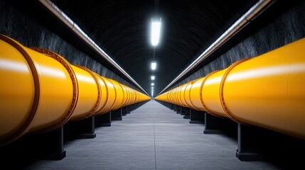 Poster - A striking perspective of a long tunnel featuring vibrant yellow pipes, evoking industrial symmetry and modern design.