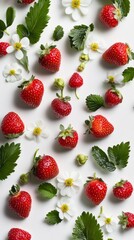 Wall Mural - Fresh ripe strawberries and delicate white flowers lying on white background