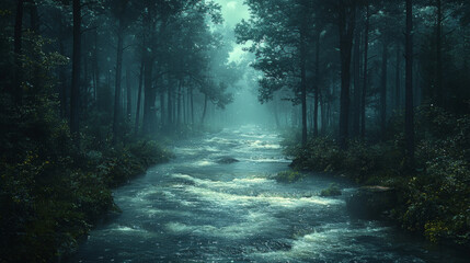 Sticker - A misty forest path with a rushing river.