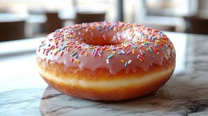 Delicious donut with pink icing and sprinkles resting on marble countertop