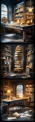 Canvas Print - Cozy Library Study Room with Antique Furniture and Stacks of Books.