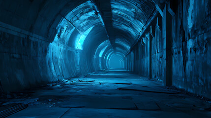 Wall Mural - Stock photo of an abandoned large underground building with blue lighting in the background. Abandoned Building. Illustration