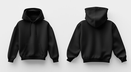 Blank hoodie color black template front and back view on white background. crew neck mock up isolated on white background. Created using Generative AI Technology