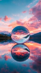 Sticker - Crystal ball reflecting dramatic sunset sky over lake