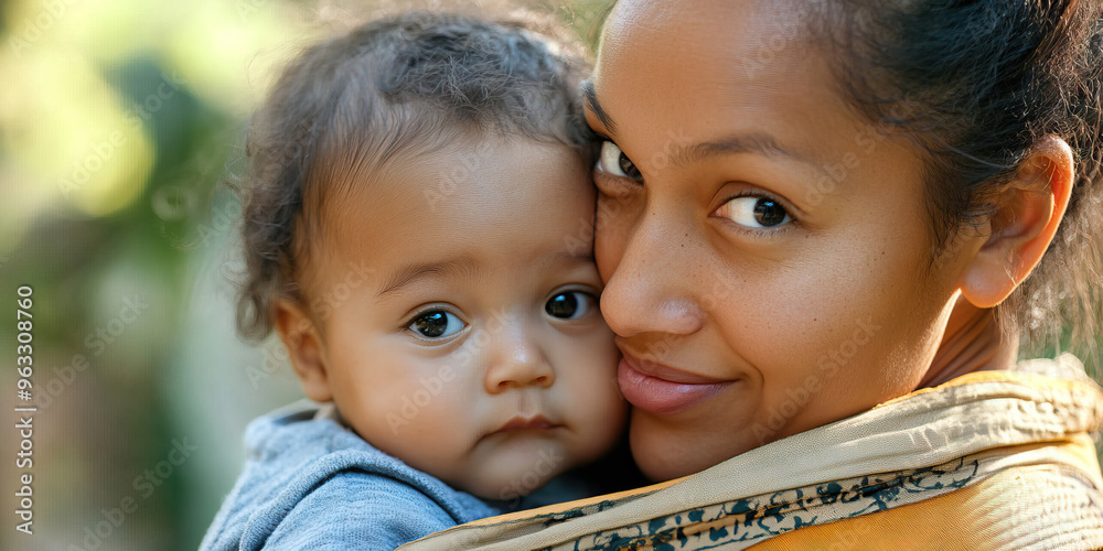 Nurturing Parent: A mother with a baby in a carrier, her face gentle ...