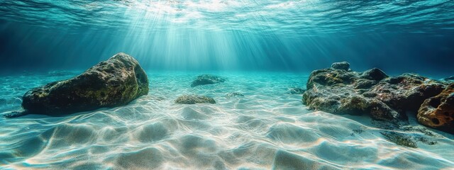 Wall Mural - Underwater scene, crystal clear turquoise waters, sandy seabed ripples, sunlight rays piercing through, coral reef boulders, split view with ocean surface, serene and tranquil ambiance