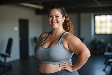 Wall Mural - portrait of smiling big fat woman in athletic shirt in gym