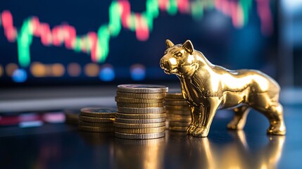 A golden bull statue beside stacked coins in front of a stock market chart, symbolizing bullish markets, investment, and financial growth.