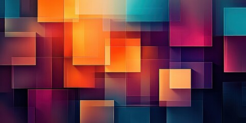 abstract colorful composition, geometric shapes, overlapping squares and rectangles, shades of orange, red, purple, blue, gradient color blending, blurred edges, dreamy and surreal, digital art style