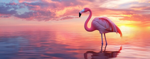 Pink flamingo standing on water at sunset