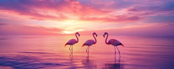 Poster - Pink flamingos enjoying sunset over ocean water