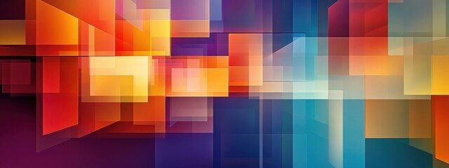 abstract colorful composition, geometric shapes, overlapping squares and rectangles, shades of orange, red, purple, blue, gradient color blending, blurred edges, dreamy and surreal, digital art style