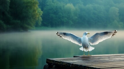 Wall Mural - Seagull spreading wings on a wooden pier at the lake