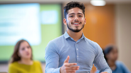 portrait of a smiling young male hispanic latino college student at university facility