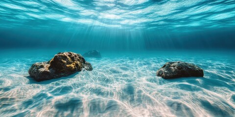 Wall Mural - Underwater scene, crystal clear turquoise waters, sandy seabed ripples, sunlight rays piercing through, coral reef boulders, split view with ocean surface, serene and tranquil ambiance