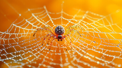 A spider sits in the center of its web, glistening with morning dew.