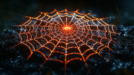 A glowing spiderweb with orange light, illuminated in the darkness.