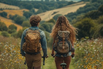 Two people are walking in a field with backpacks and bikes