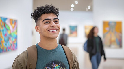 portrait of a smiling young male hispanic latino college student at university facility