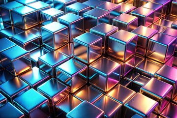 Canvas Print - futuristic metallic cubes with neon lights in abstract geometric pattern
