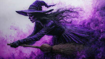 A witch flies on her broomstick through a purple sky.