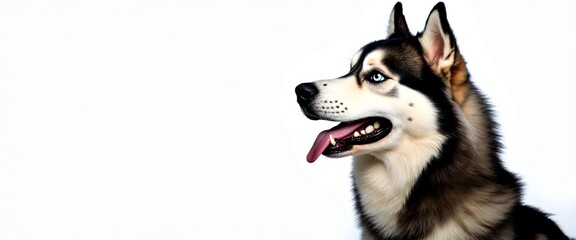 Siberian Husky with Alert Expression Looking Sideways Against White Background with Copy Space