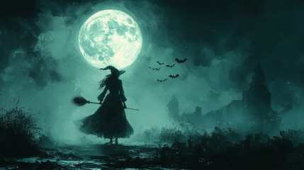 Wall Mural - Silhouette of a witch standing with her broom under a full moon.