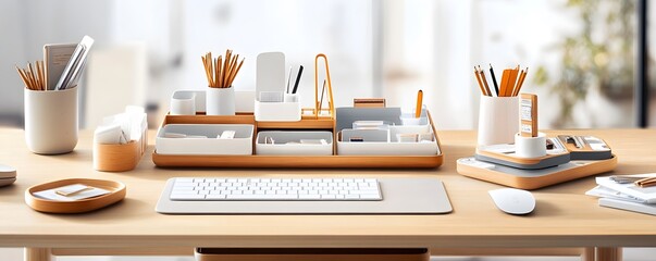 Canvas Print - Modern Office Desk with Wooden Organiser.