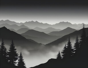 Wall Mural - Beautiful Black mountain silhouette landscape with fog in mountains background. 